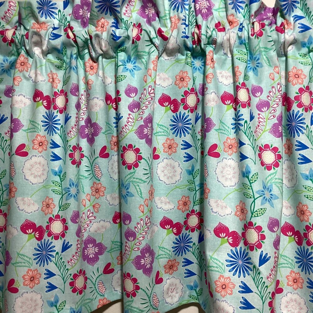 HANDMADE BLUE FLORAL COTTON VALANCE, 42 X 15 INCHES